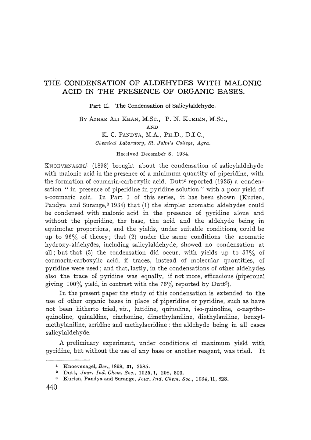 The Condensation of Aldehydes with Malonic Acid in the Presence of Organic Bases