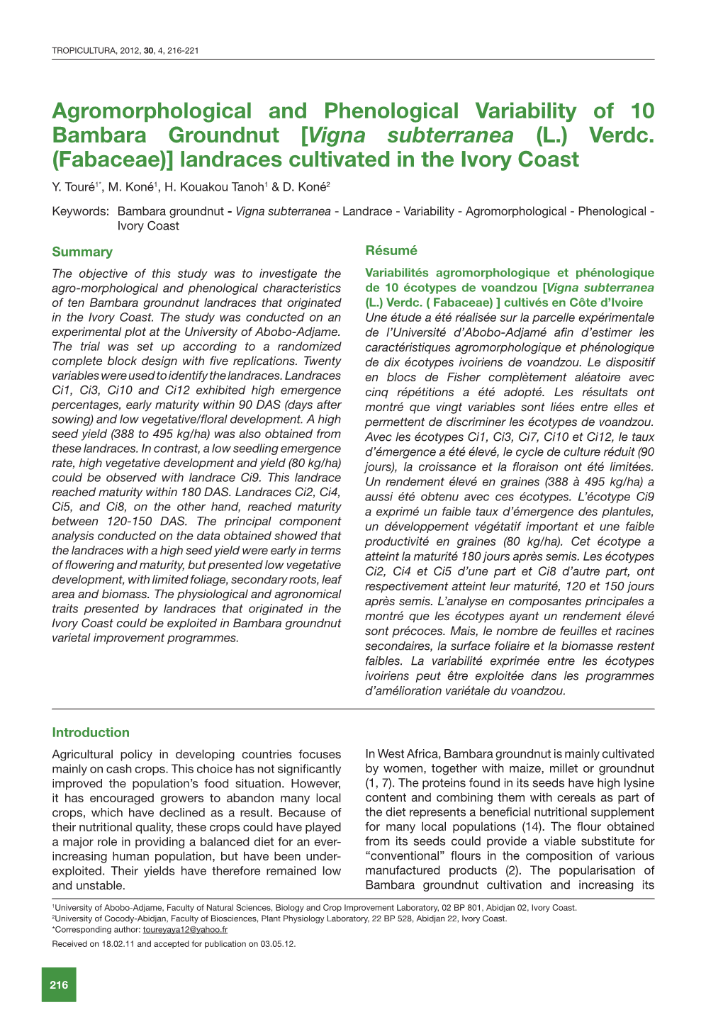 Agromorphological and Phenological Variability of 10 Bambara Groundnut [Vigna Subterranea (L.) Verdc