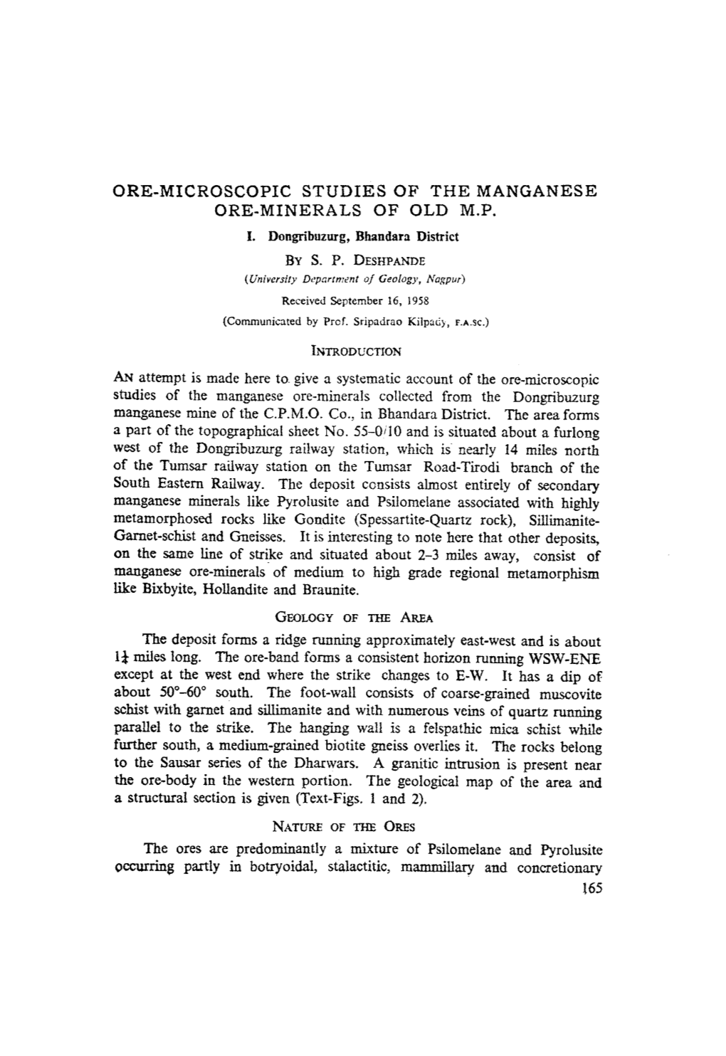 Ore-Microscopic Studies of the Manganese Ore-Minerals of Old M.P