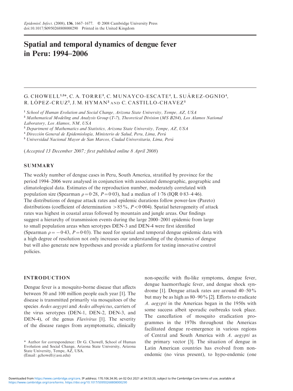 Spatial and Temporal Dynamics of Dengue Fever in Peru: 1994–2006