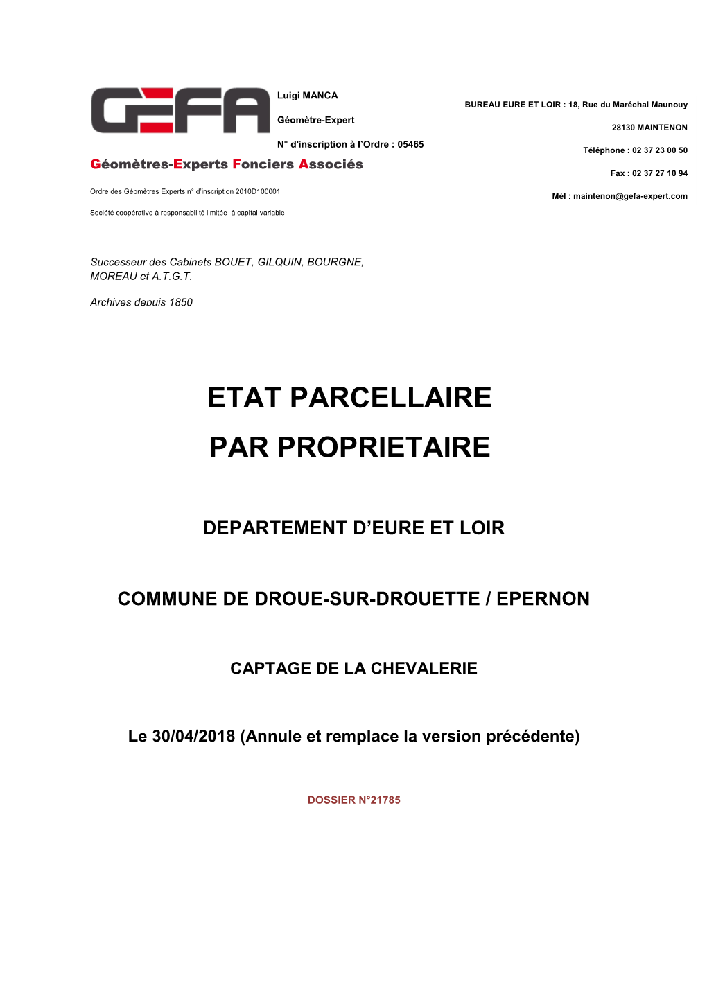 Etat Parcellaire Par Proprietaire Departement D'eure Et Loir