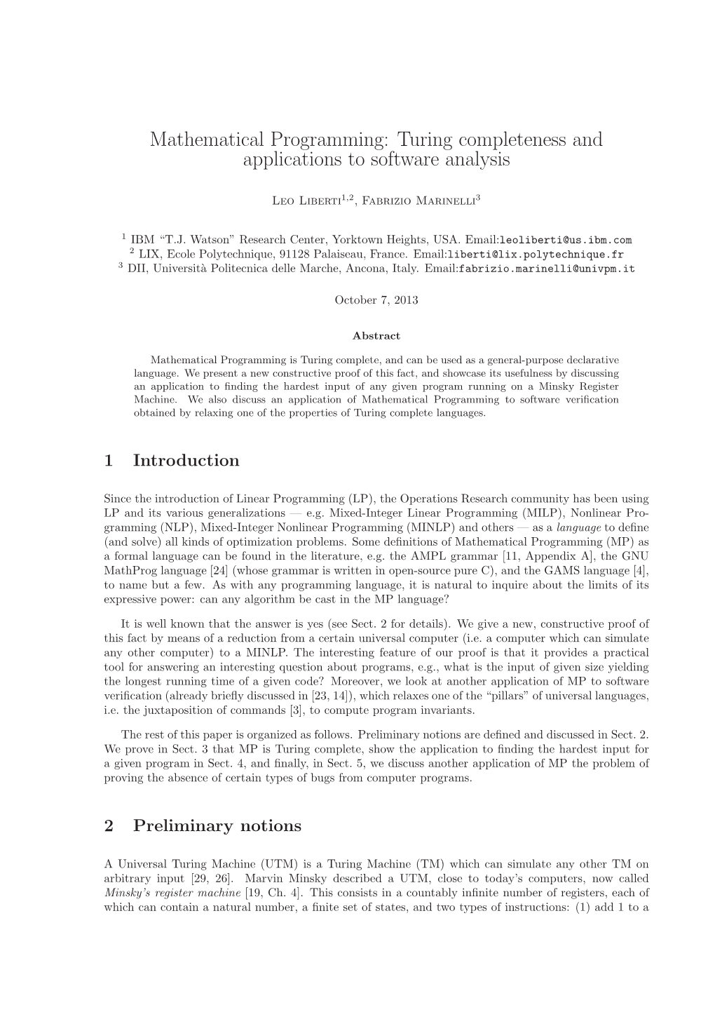 Mathematical Programming: Turing Completeness and Applications to Software Analysis