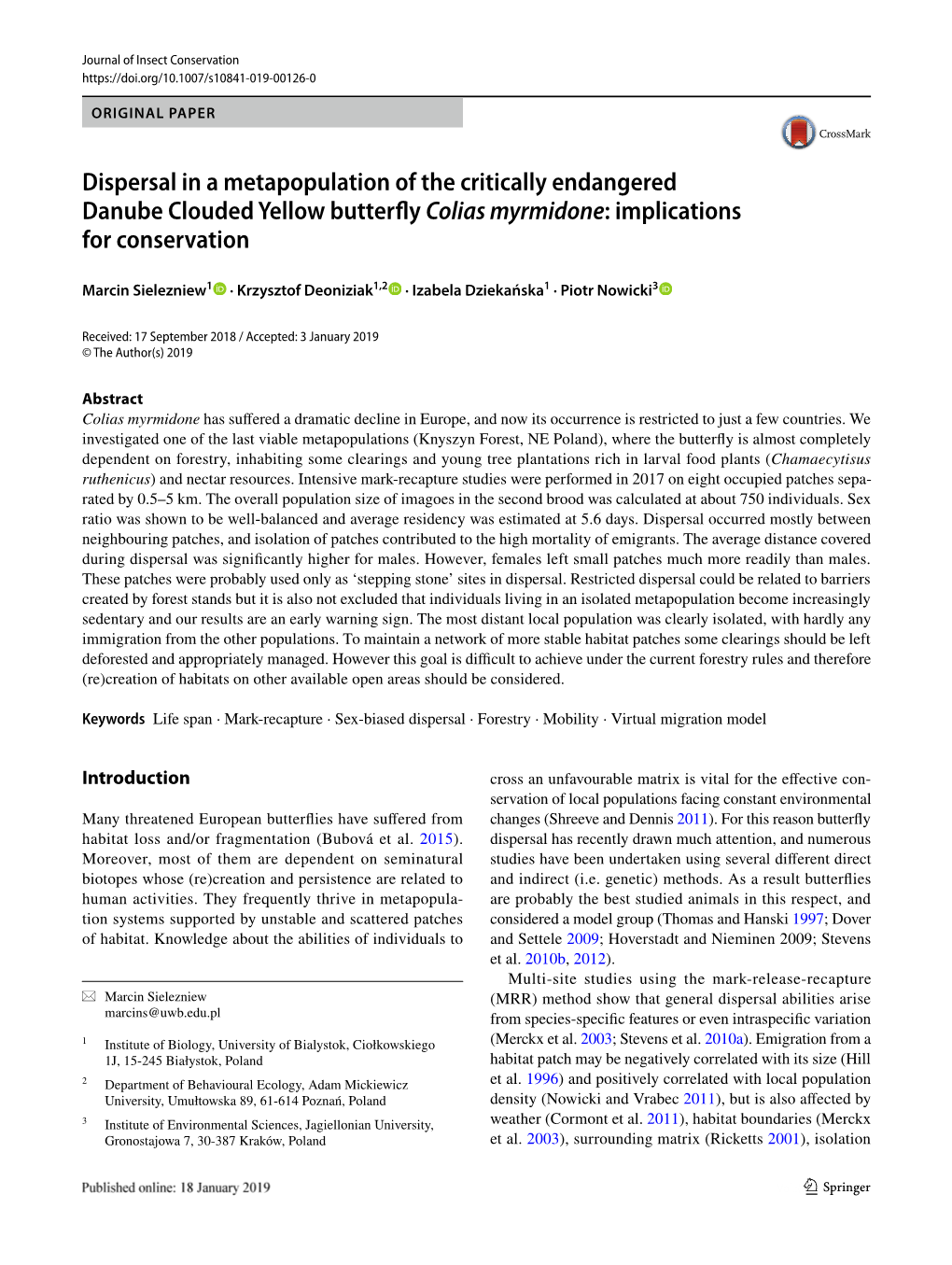 Dispersal in a Metapopulation of the Critically Endangered Danube Clouded Yellow Butterfly Colias Myrmidone: Implications for Conservation