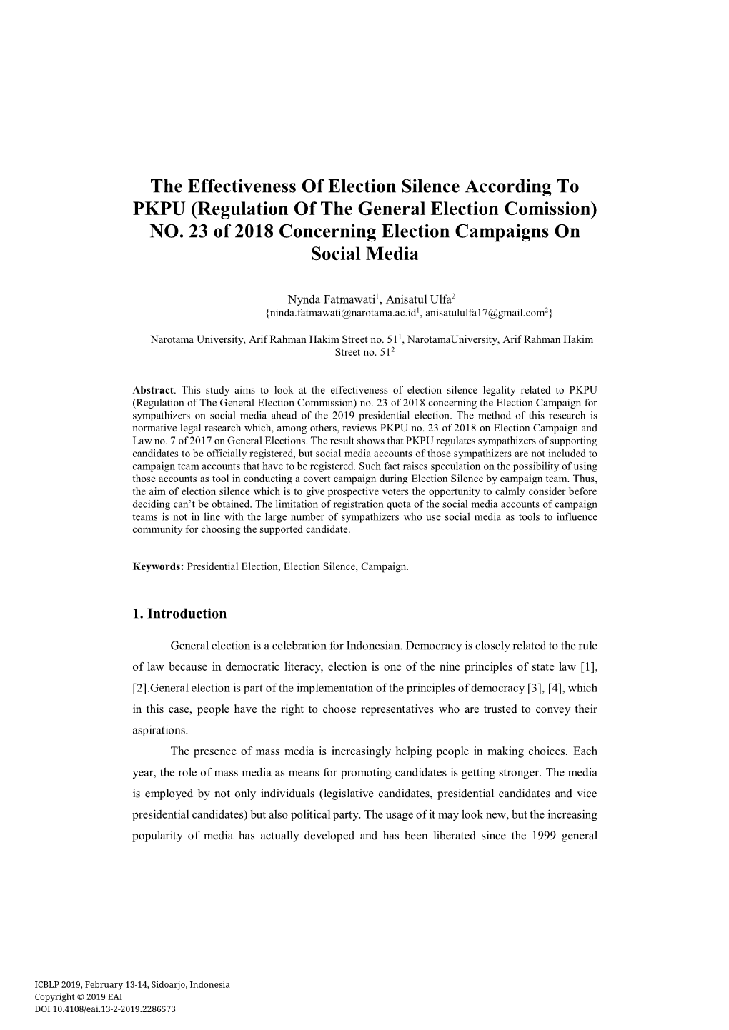 The Effectiveness of Election Silence According to PKPU (Regulation of the General Election Comission) NO