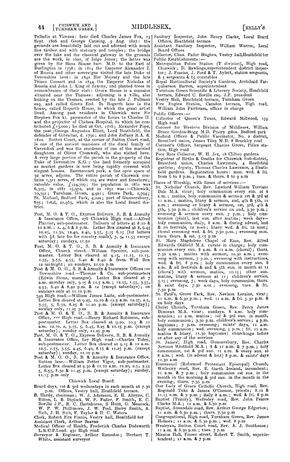 L\IIDDLESEX. [KELLY's Pallarlio at Vicenza: Here Rlierl Charles James Fox, 13 Sanitary Inspector, John Henry Clarke, Local Board Sept