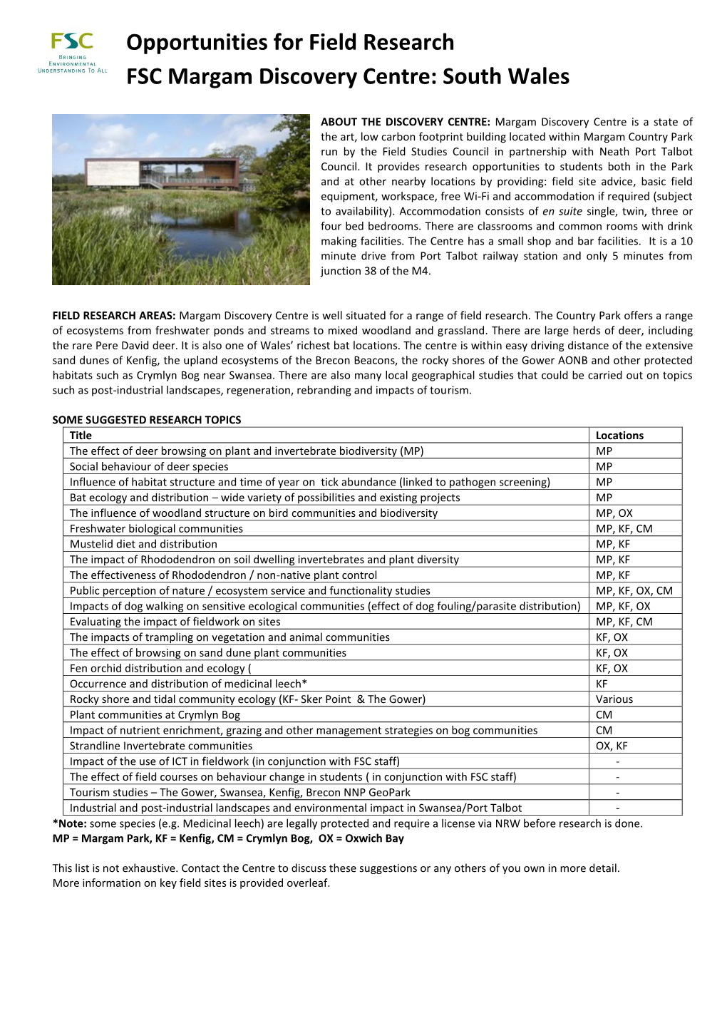Opportunities for Field Research FSC Margam Discovery Centre: South Wales