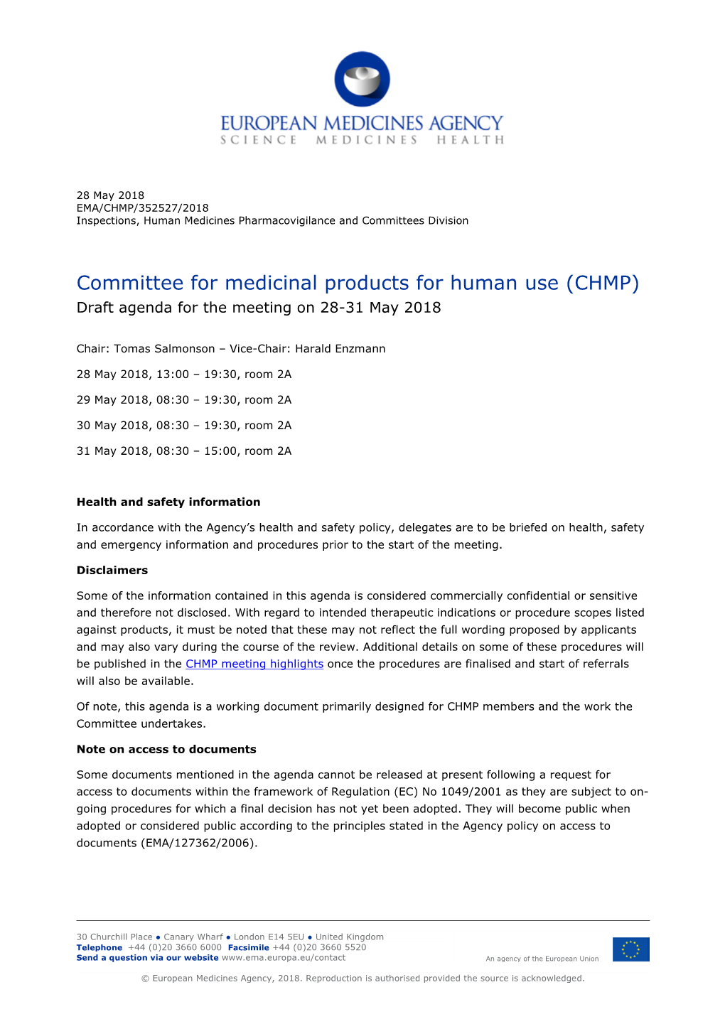 (CHMP) Draft Agenda for the Meeting on 28-31 May 2018