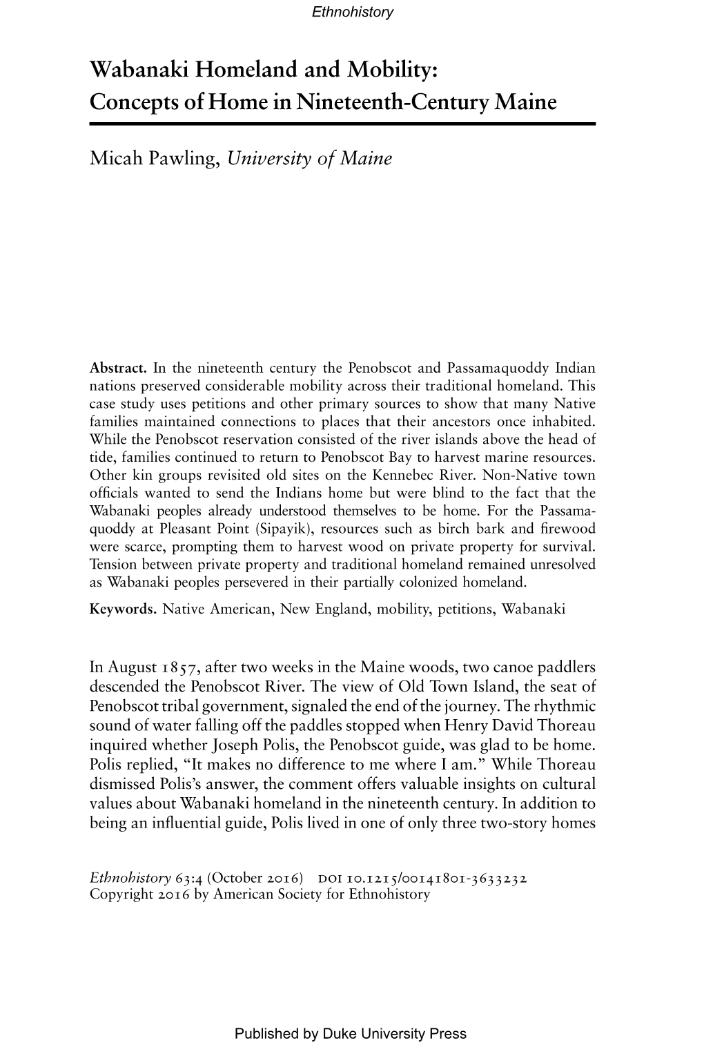 Wabanaki Homeland and Mobility: Concepts of Home in Nineteenth-Century Maine