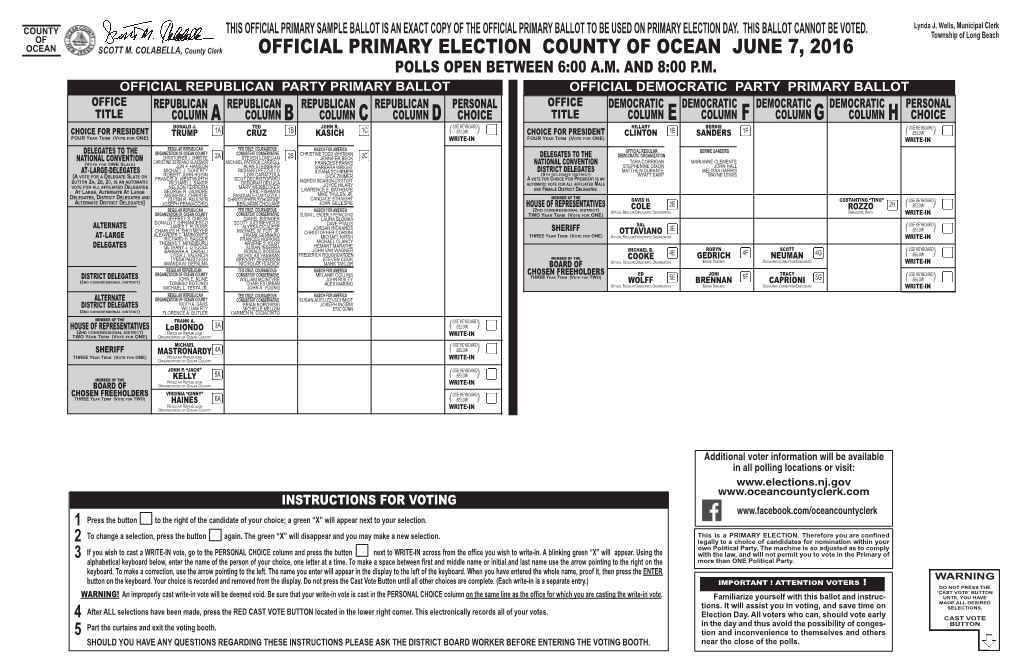 Official Primary Election County of Ocean June 7, 2016 Polls Open Between 6:00 A.M