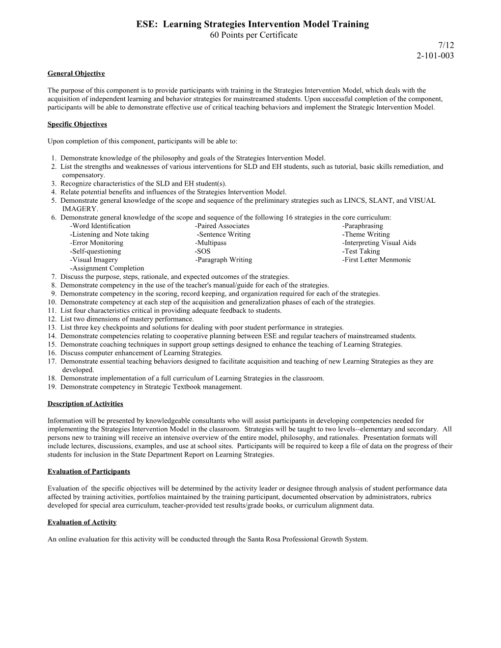 ESE: Learning Strategies Intervention Model Training