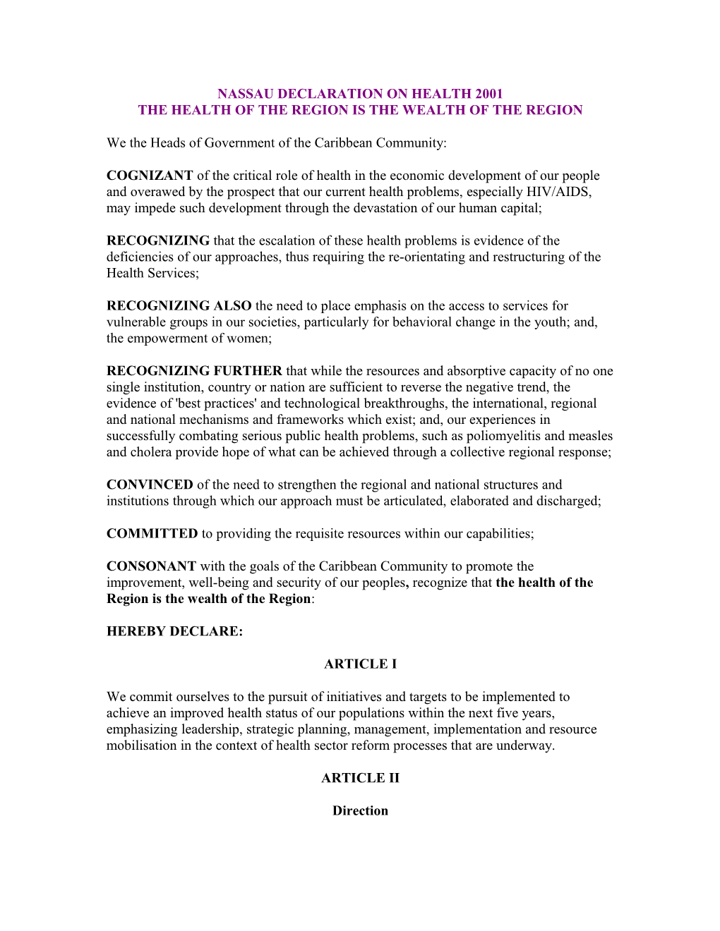 Nassau Declaration on Health 2001