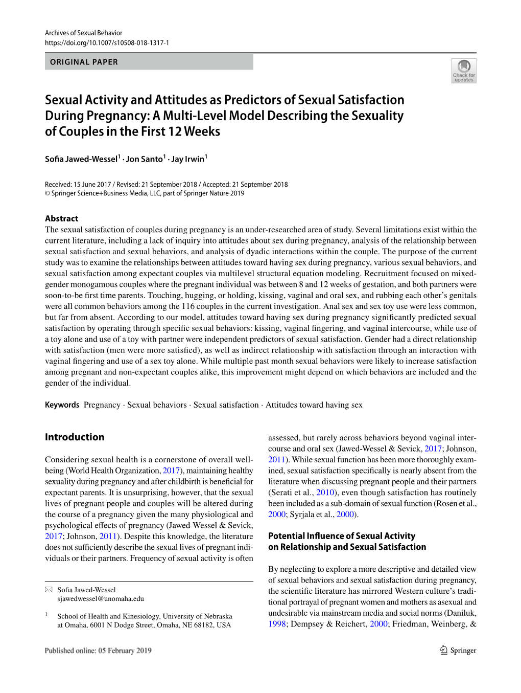 Sexual Activity and Attitudes As Predictors of Sexual Satisfaction During Pregnancy: a Multi‑Level Model Describing the Sexuality of Couples in the First 12 Weeks