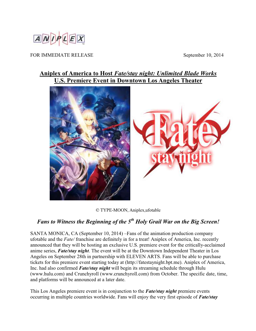 Aniplex of America to Host Fate/Stay Night: Unlimited Blade Works U.S. Premiere Event in Downtown Los Angeles Theater