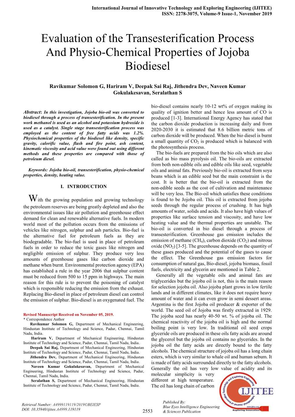 Evaluation of the Transesterification Process and Physio-Chemical Properties of Jojoba Biodiesel