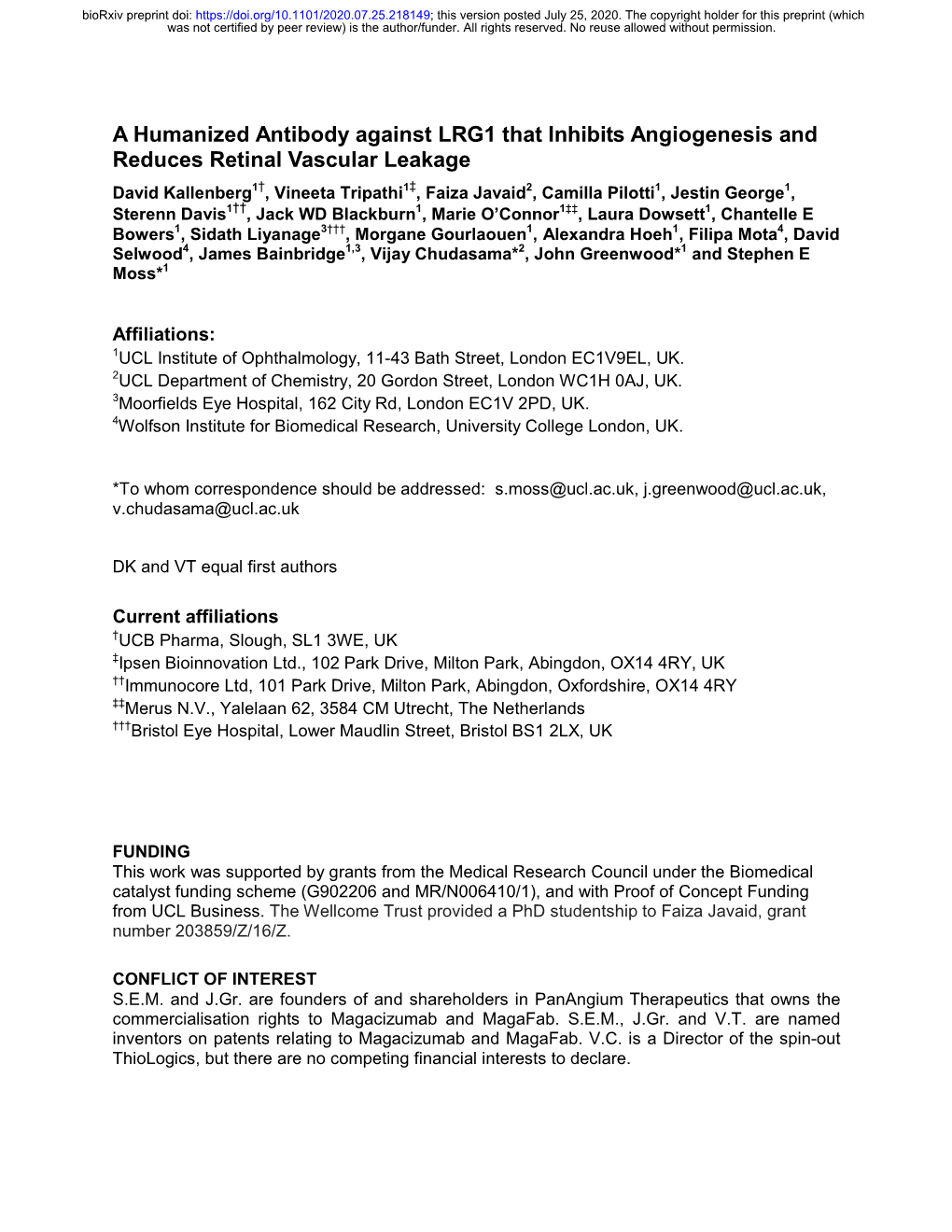 A Humanized Antibody Against LRG1 That Inhibits Angiogenesis