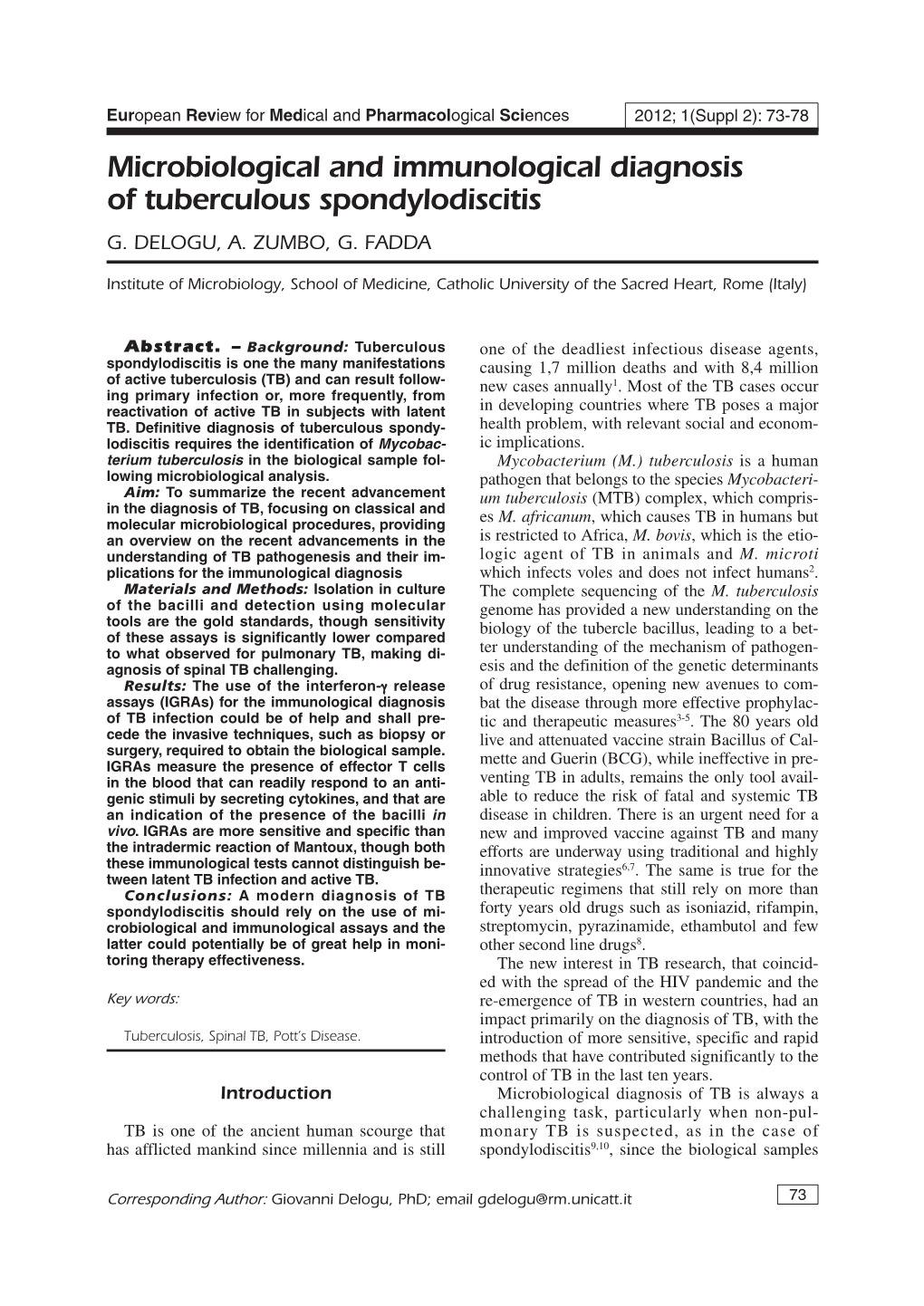 Microbiological and Immunological Diagnosis of Tuberculous Spondylodiscitis G