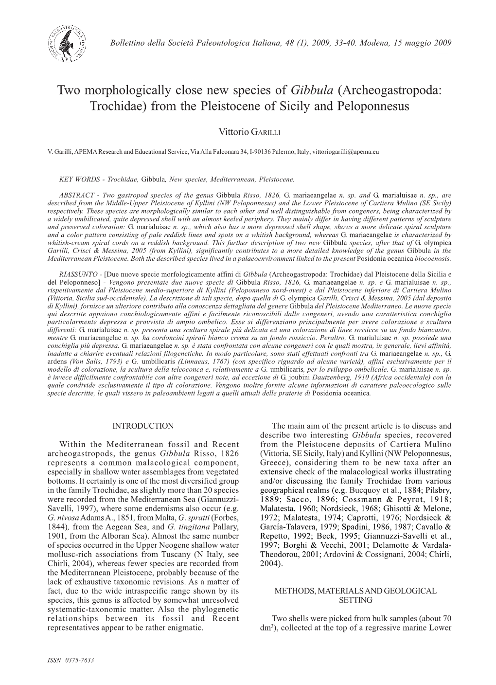 Two Morphologically Close New Species of Gibbula (Archeogastropoda: Trochidae) from the Pleistocene of Sicily and Peloponnesus