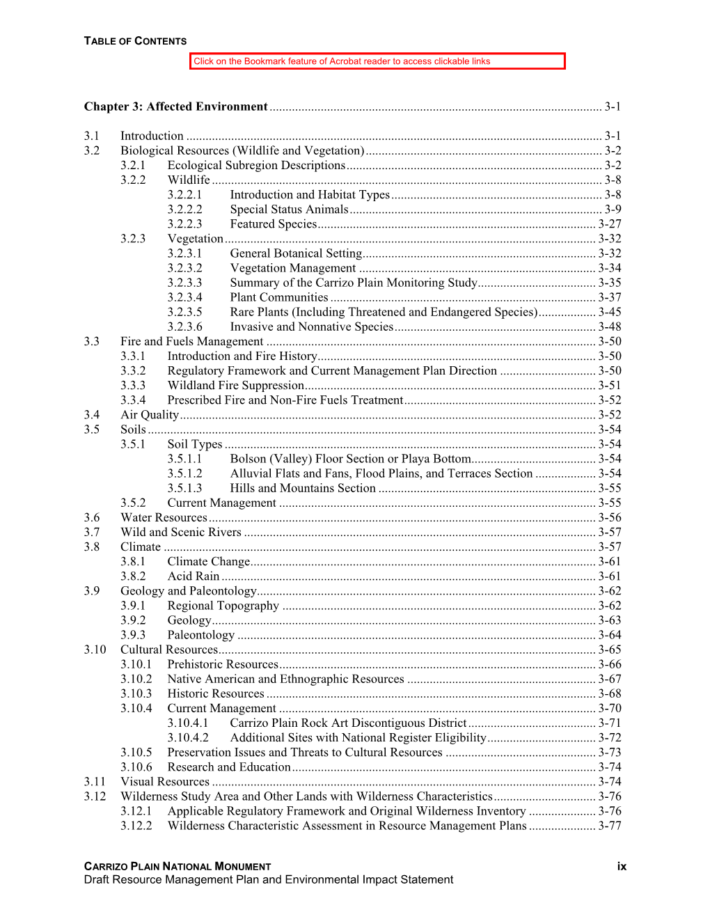 Draft Resource Management Plan and Environmental Impact Statement TABLE of CONTENTS