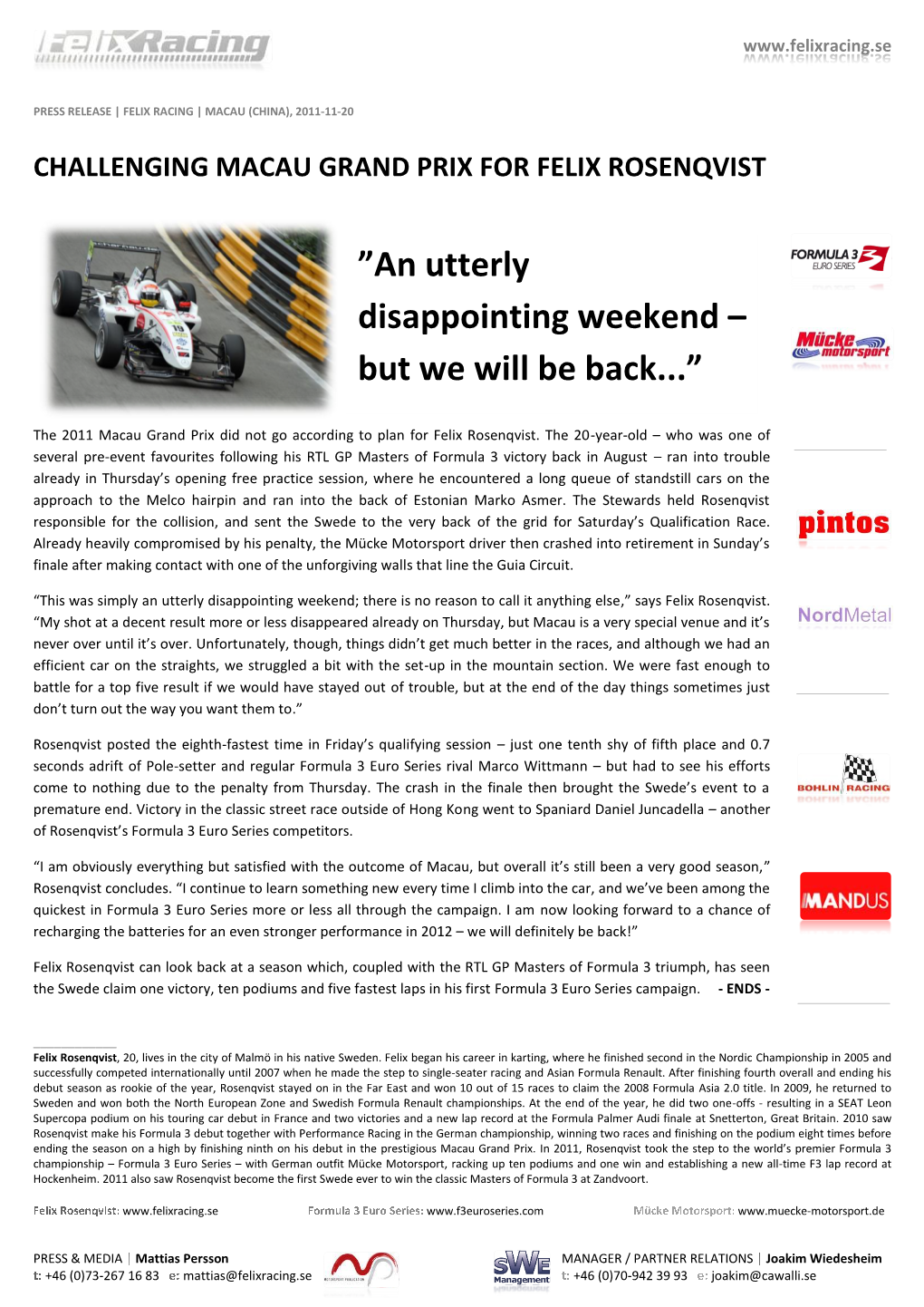 Challenging Macau Grand Prix for Felix Rosenqvist