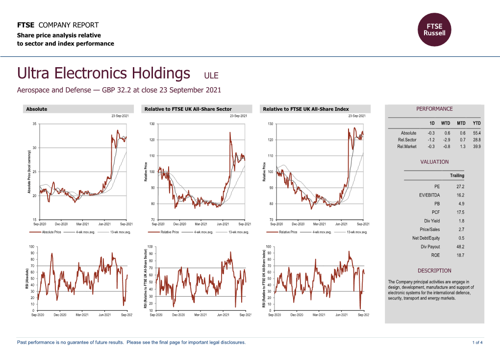 Ultra Electronics Holdings ULE Aerospace and Defense — GBP 32.2 at Close 23 September 2021