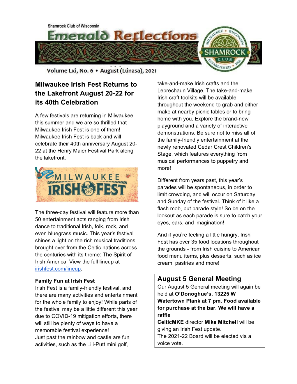 Milwaukee Irish Fest Returns to the Lakefront August 20-22 for Its 40Th