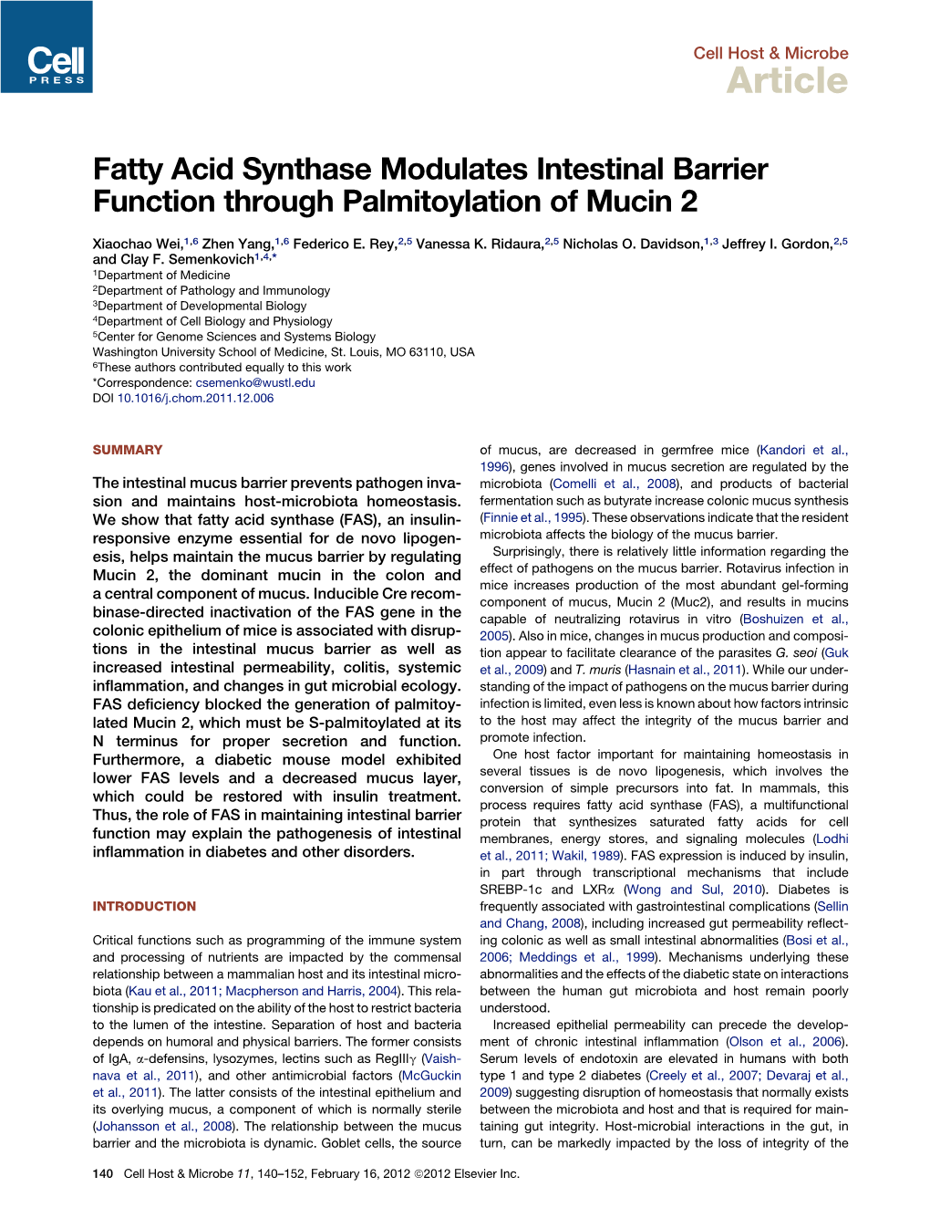 Fatty Acid Synthase Modulates Intestinal Barrier Function Through Palmitoylation of Mucin 2