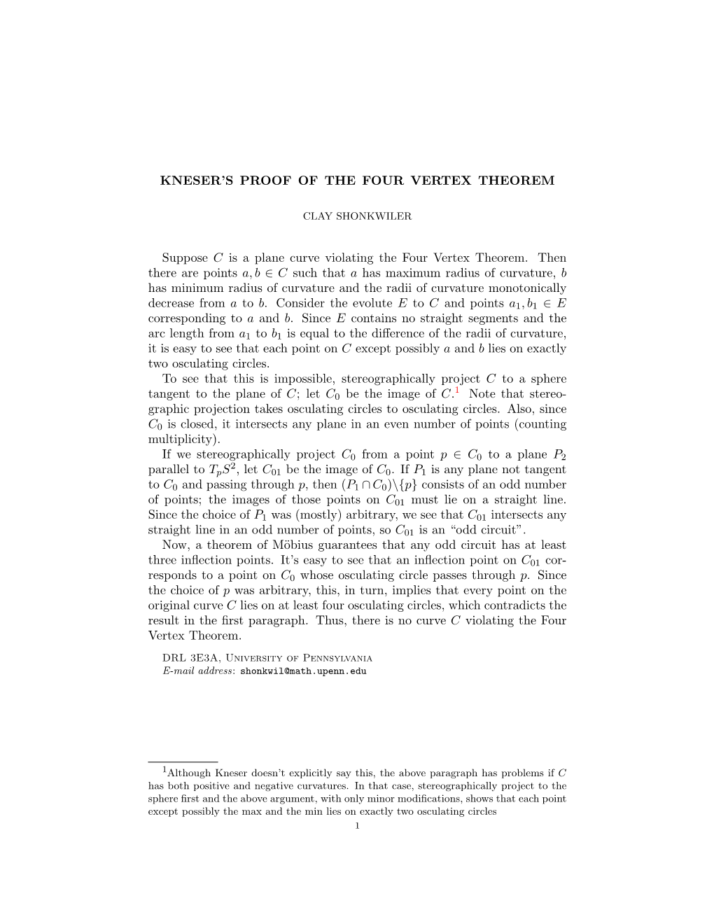 Kneser's Proof of the Four Vertex Theorem