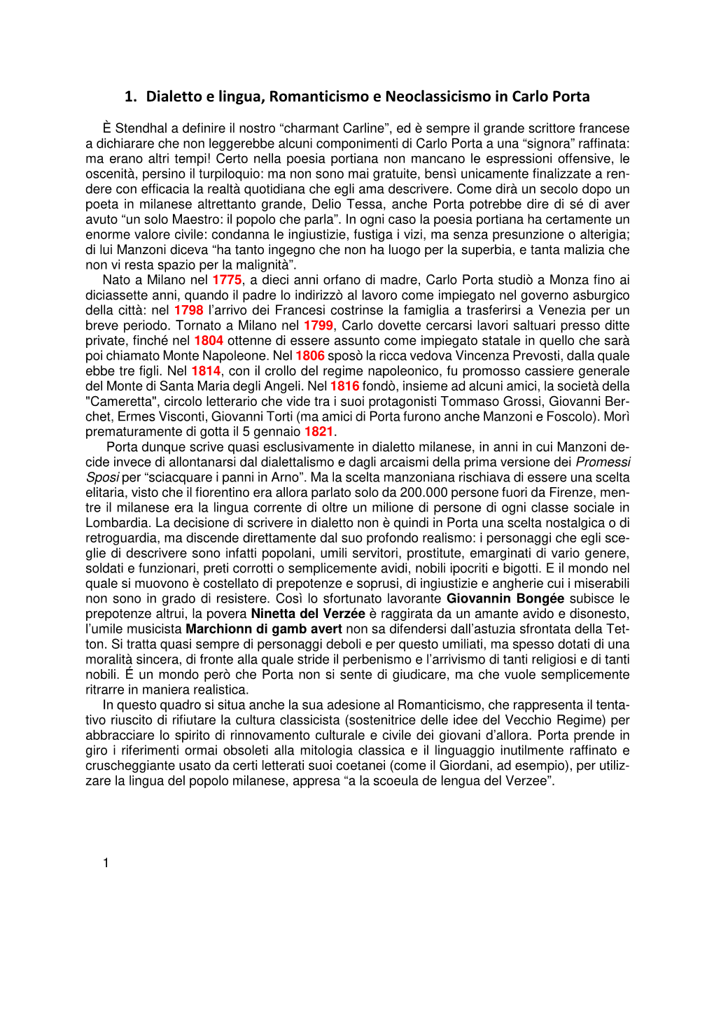 1. Dialetto E Lingua, Romanticismo E Neoclassicismo in Carlo Porta