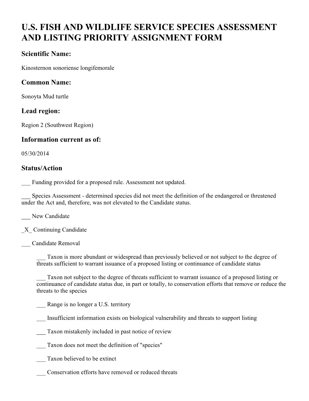 U.S. Fish and Wildlife Service Species Assessment and Listing Priority Assignment Form