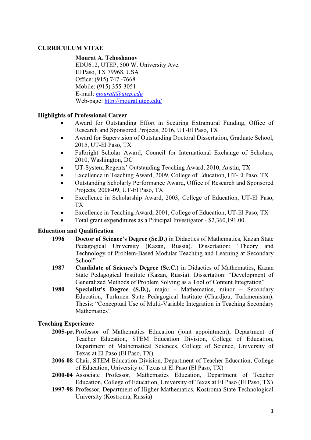 CURRICULUM VITAE Mourat A. Tchoshanov EDU612, UTEP, 500 W