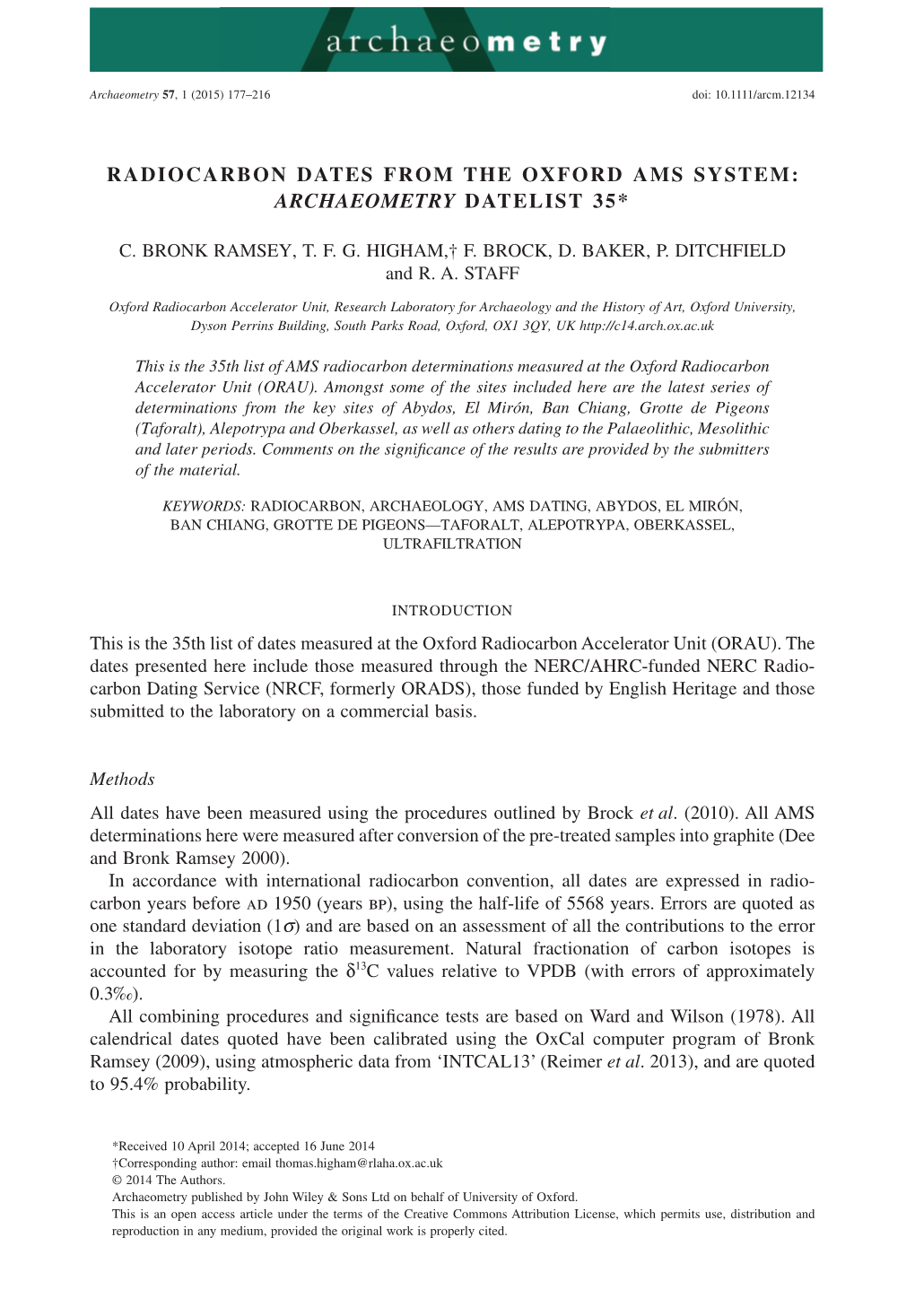 Radiocarbon Dates from the Oxford Ams System: Archaeometry Datelist 35*