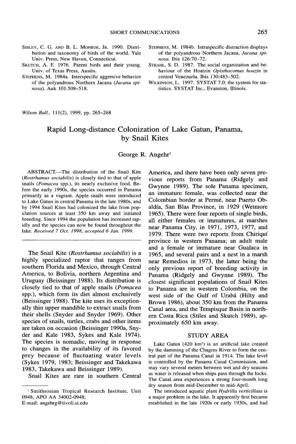 Rapid Long-Distance Colonization of Lake Gatun, Panama, by Snail Kites