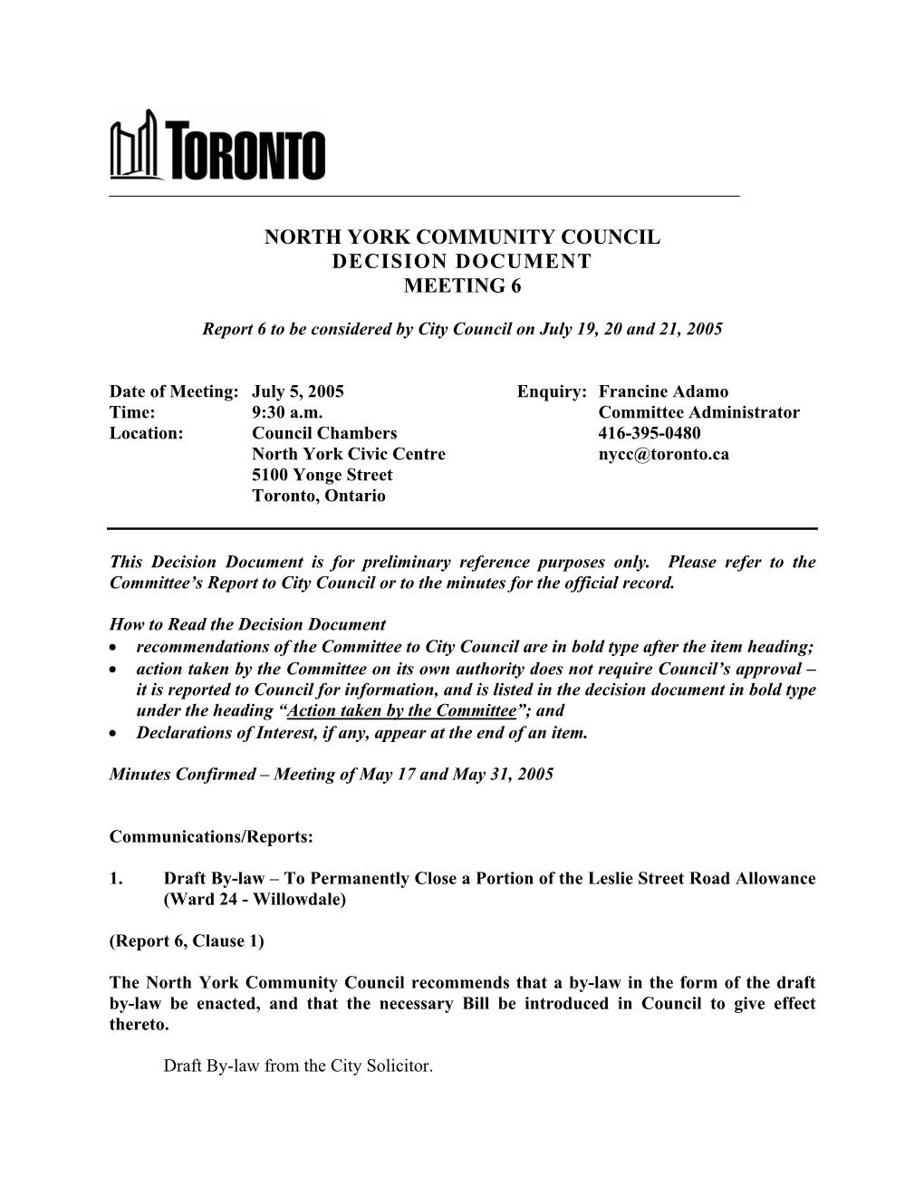 North York Community Council Decision Document Meeting 6