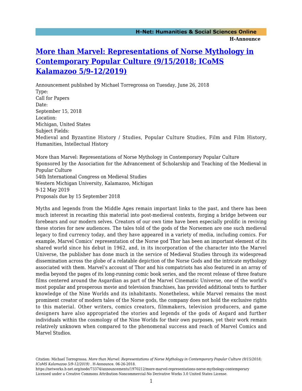 Than Marvel: Representations of Norse Mythology in Contemporary Popular Culture (9/15/2018; Icoms Kalamazoo 5/9-12/2019)