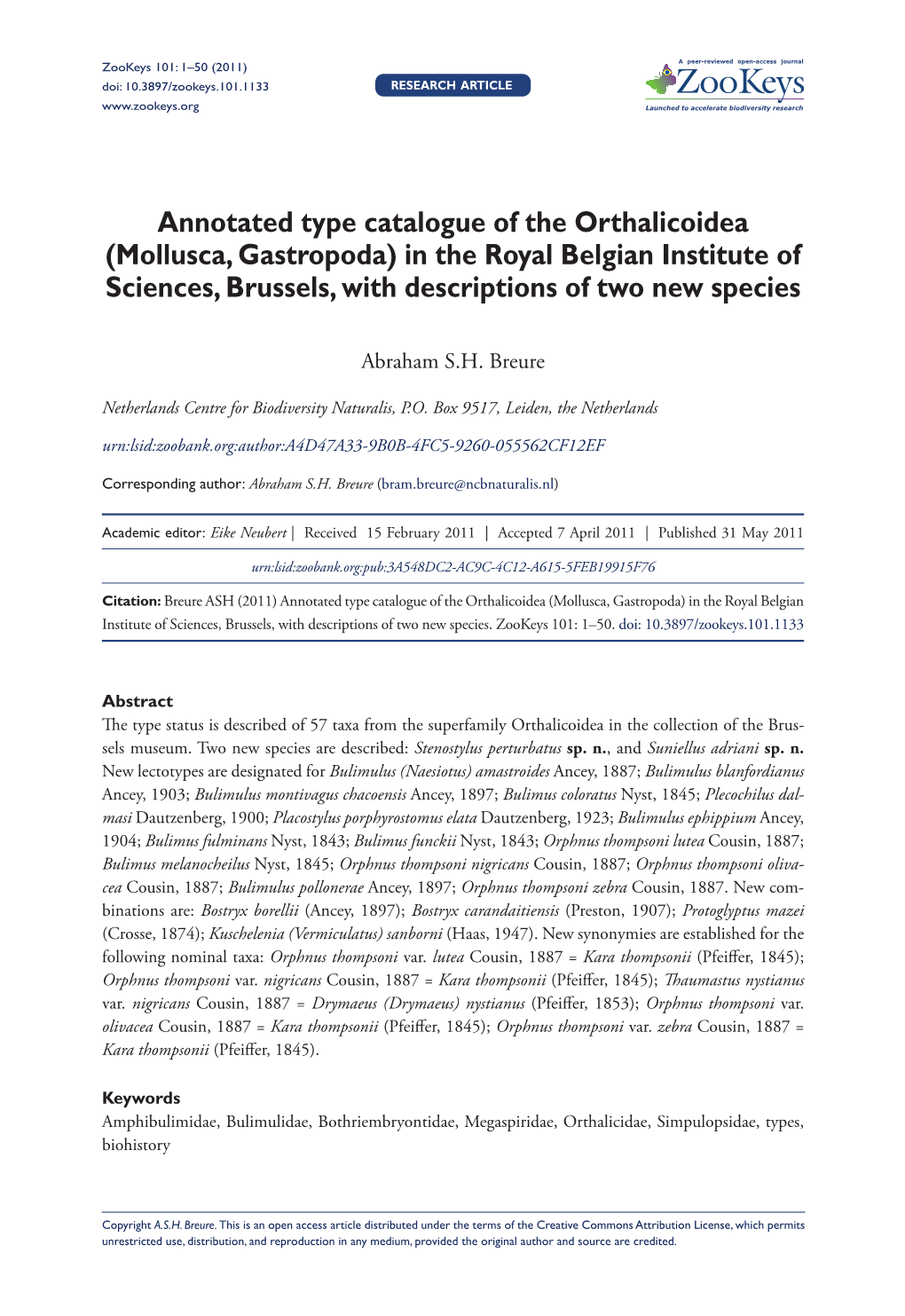 Annotated Type Catalogue of the Orthalicoidea (Mollusca, Gastropoda) in the Royal Belgian Institute of Sciences, Brussels, with Descriptions of Two New Species