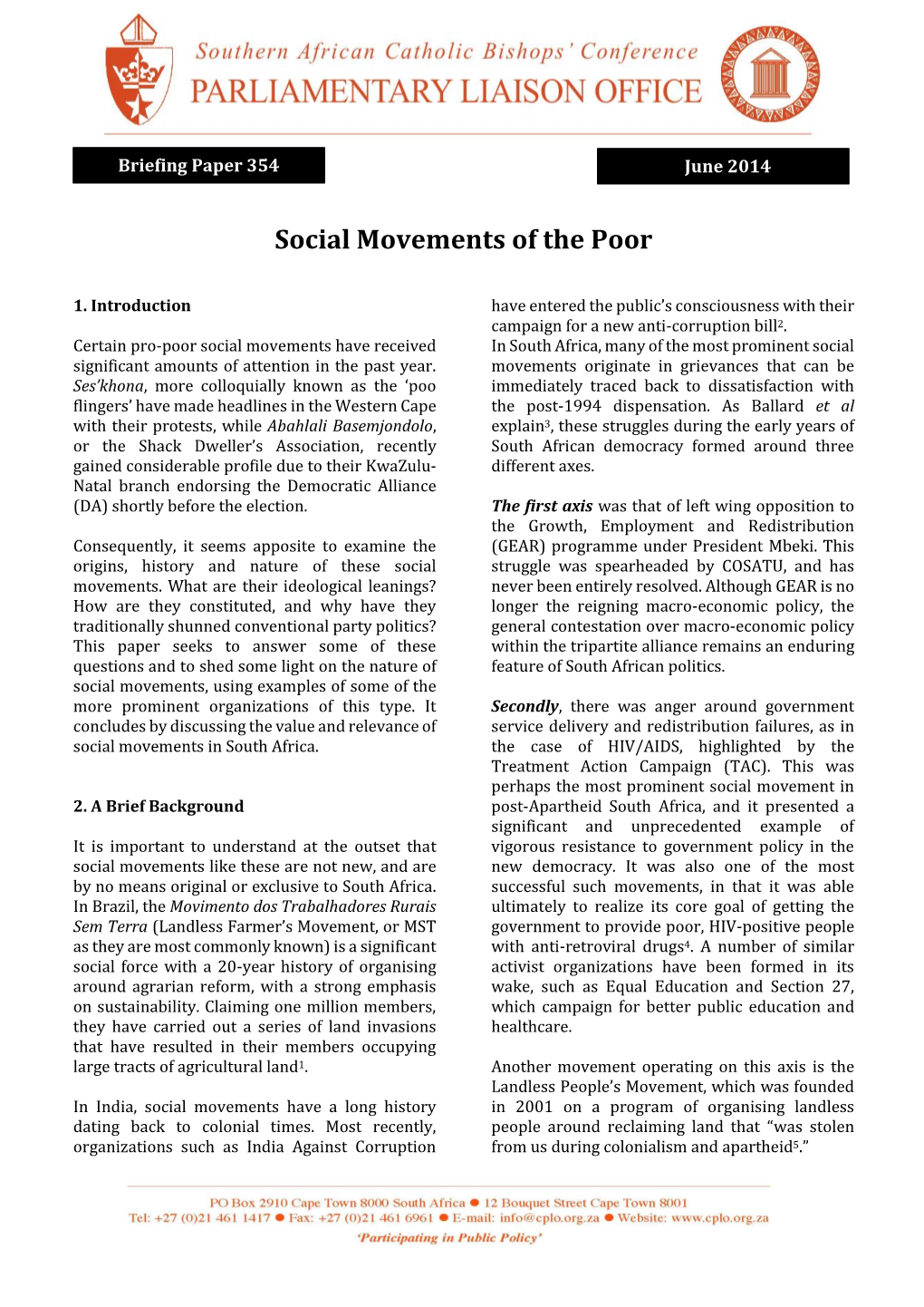 BP 354 Social Movements of the Poor June 2014