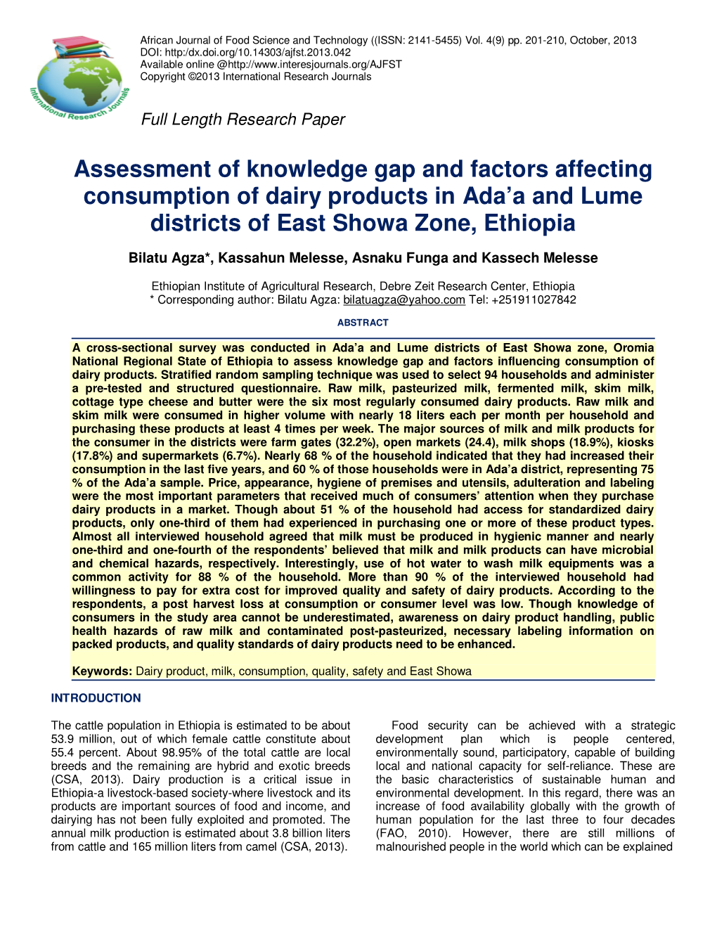 Assessment of Knowledge Gap and Factors Affecting Consumption of Dairy Products in Ada’A and Lume Districts of East Showa Zone, Ethiopia