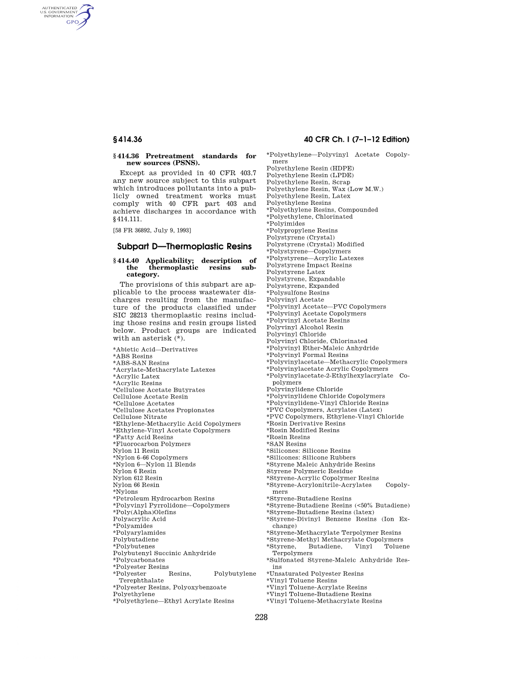 228 Subpart D—Thermoplastic Resins