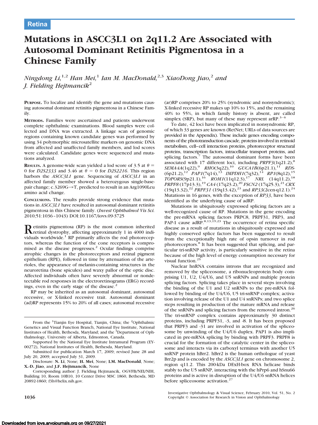 Mutations in ASCC3L1 on 2Q11.2 Are Associated with Autosomal Dominant Retinitis Pigmentosa in a Chinese Family