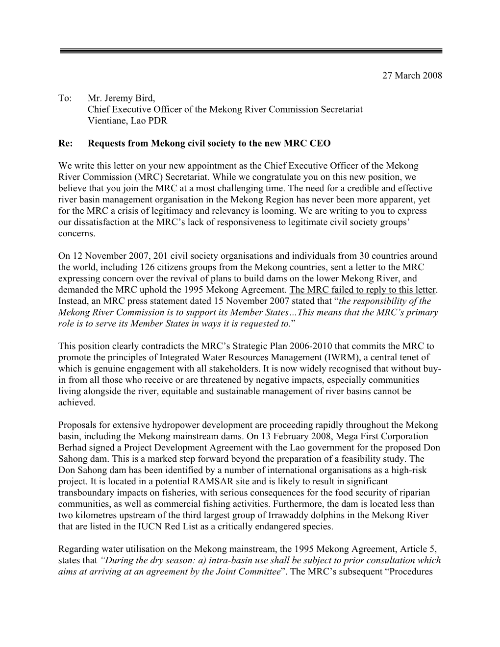 Letter to the MRC Expressing Concern Over the Revival of Plans to Build Dams on the Lower Mekong River, and Demanded the MRC Uphold the 1995 Mekong Agreement