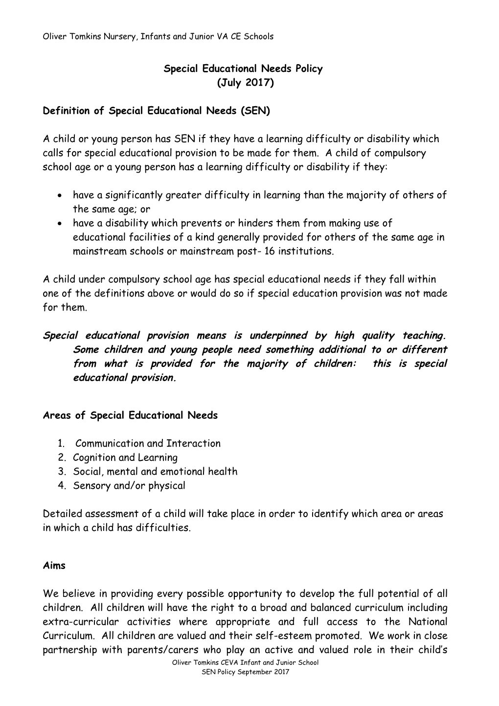 Sample Special Educational Needs Policy