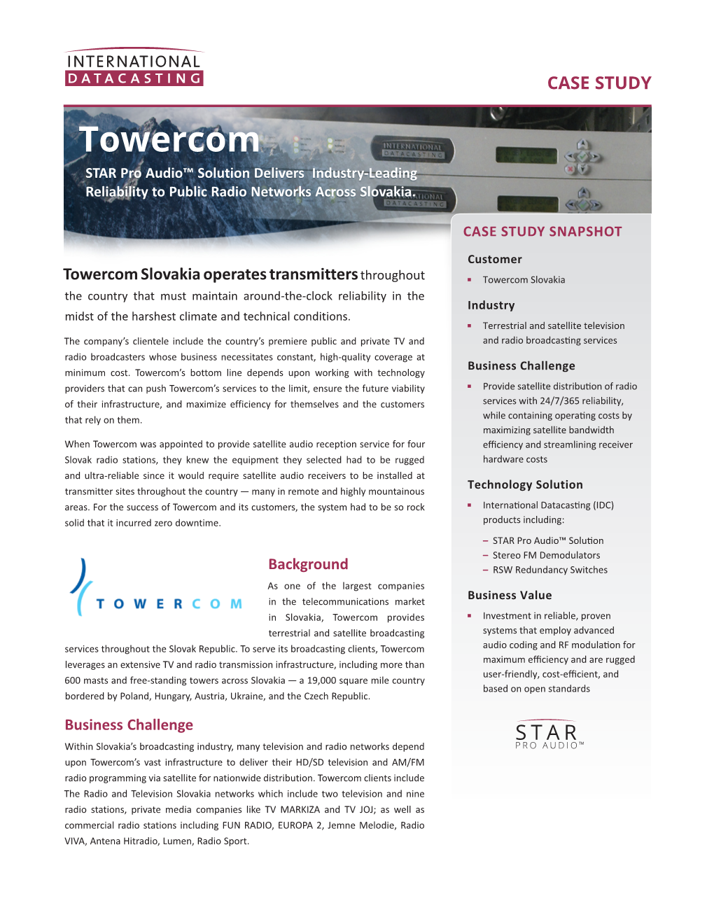 Towercom STAR Pro Audio™ Solution Delivers Industry-Leading Reliability to Public Radio Networks Across Slovakia