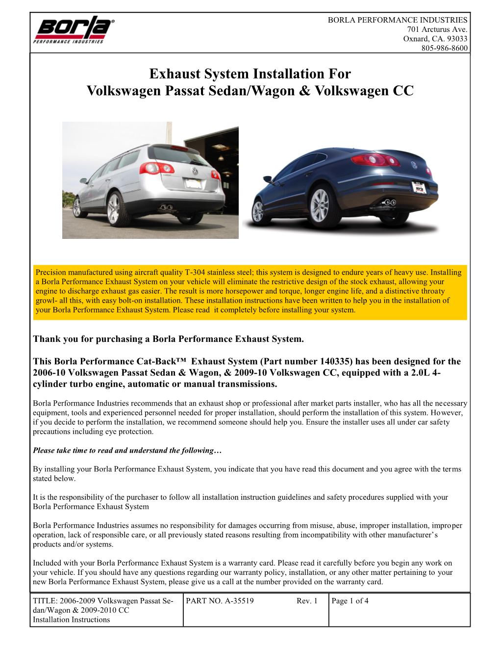 Exhaust System Installation for Volkswagen Passat Sedan/Wagon & Volkswagen CC