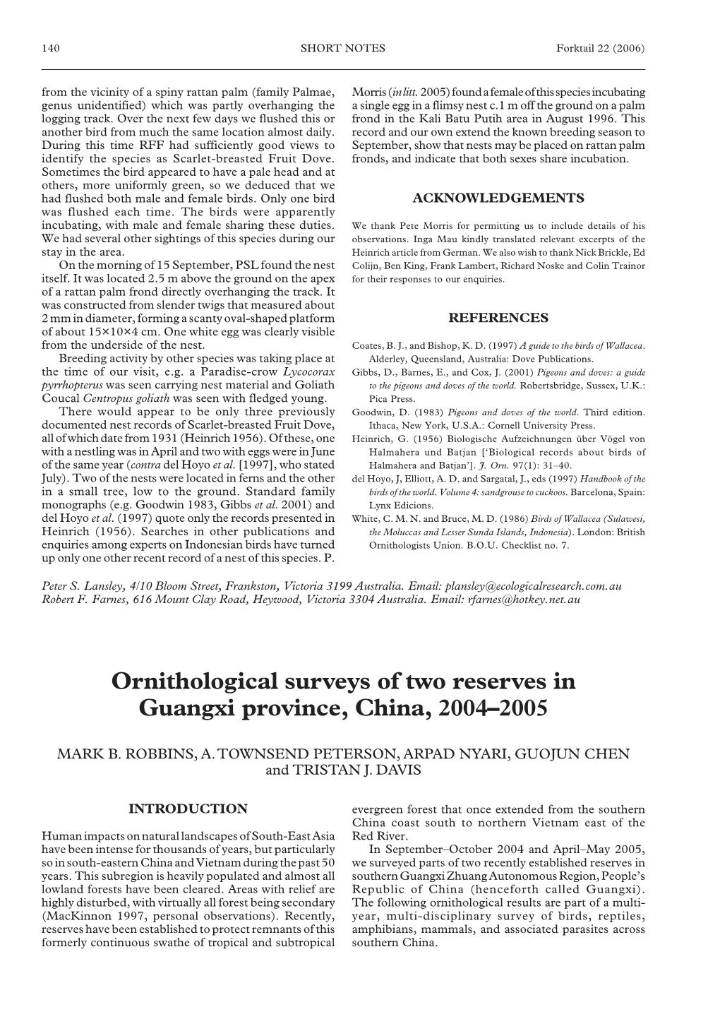 Ornithological Surveys of Two Reserves in Guangxi Province, China, 2004–2005