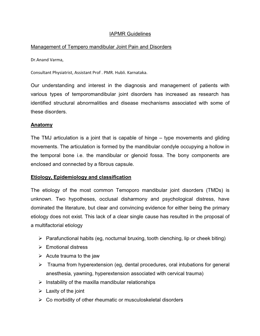 IAPMR Guidelines Management of Tempero Mandibular Joint Pain And