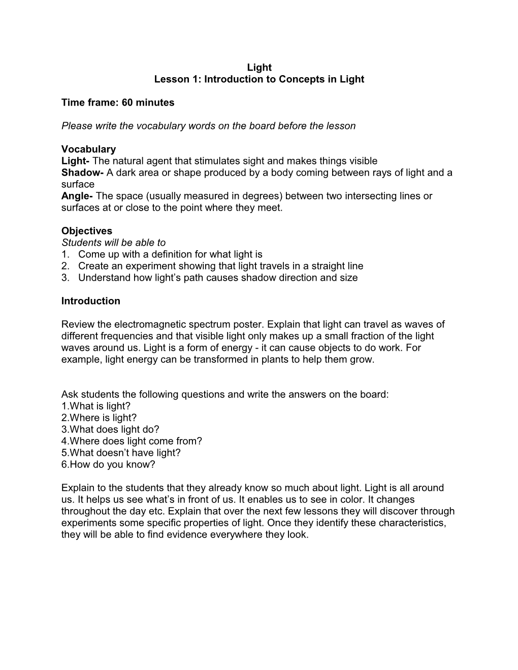 Lesson 1: Introduction to Concepts in Light