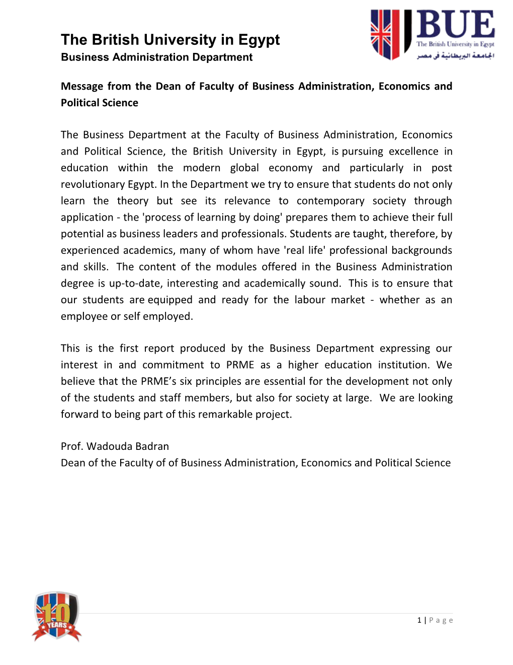 Message from the Dean of Faculty of Business Administration, Economics and Political Science