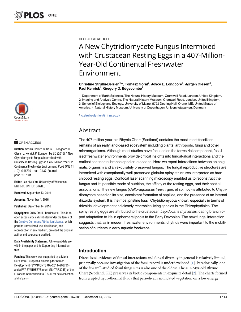 A New Chytridiomycete Fungus Intermixed with Crustacean Resting Eggs in a 407-Million- Year-Old Continental Freshwater Environment