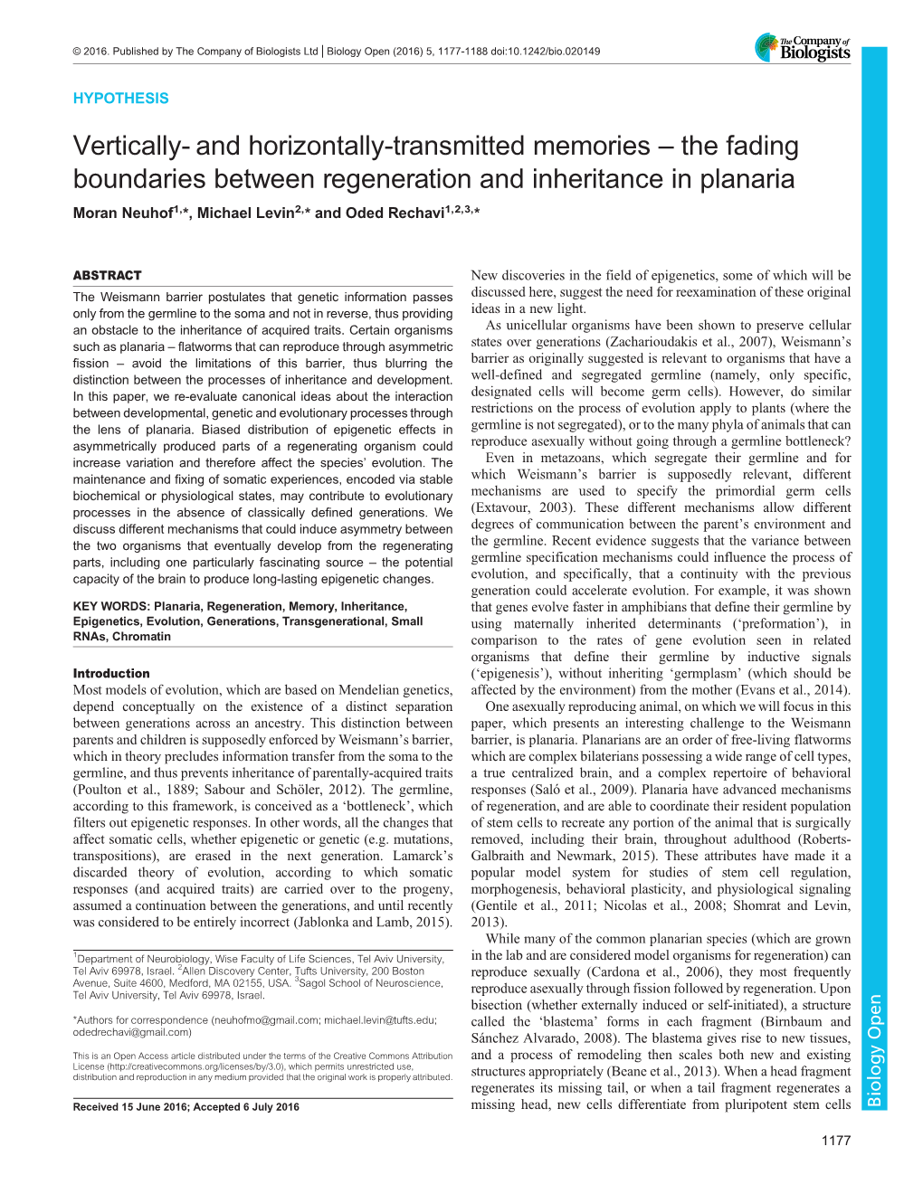 The Fading Boundaries Between Regeneration and Inheritance in Planaria Moran Neuhof1,*, Michael Levin2,* and Oded Rechavi1,2,3,*