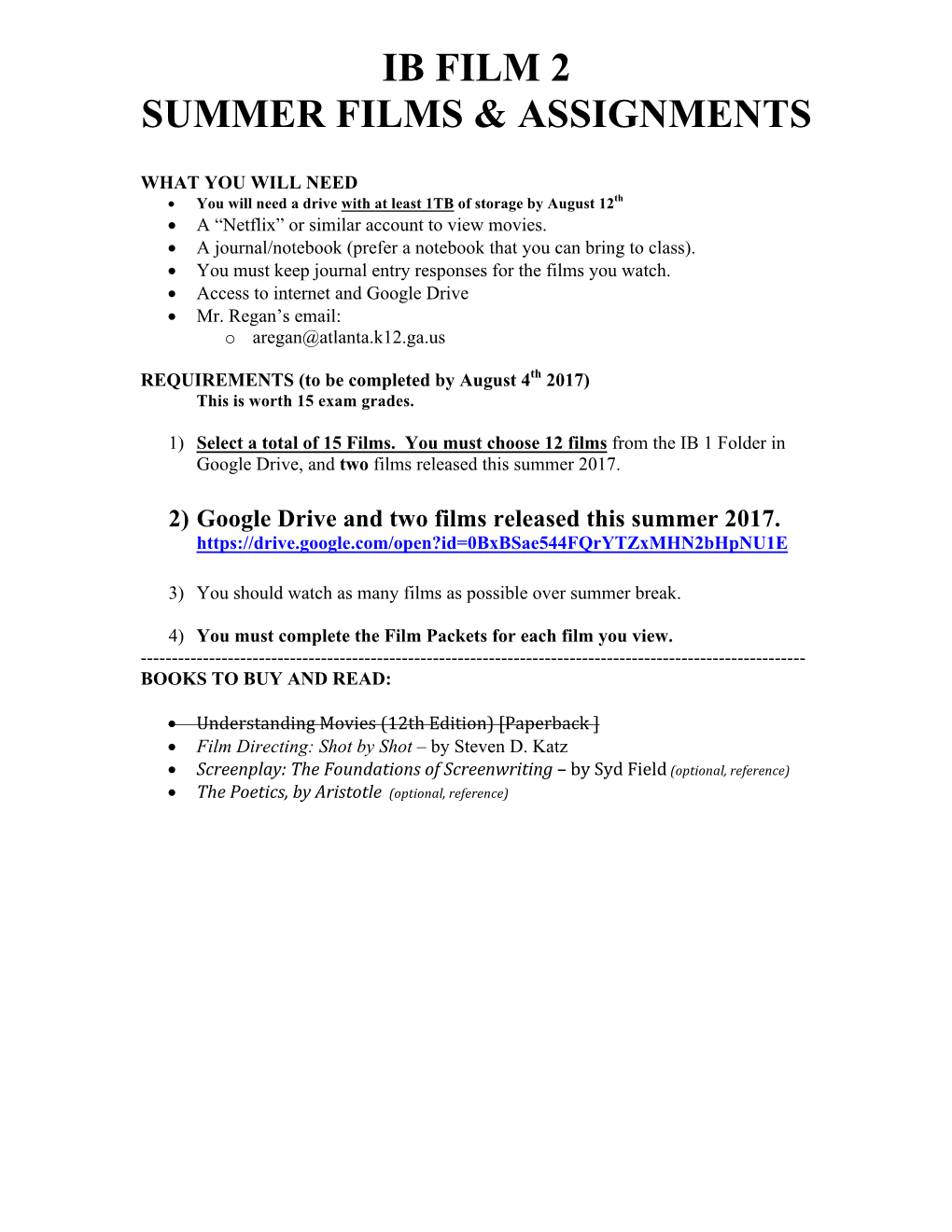 Ib Film 2 Summer Films & Assignments